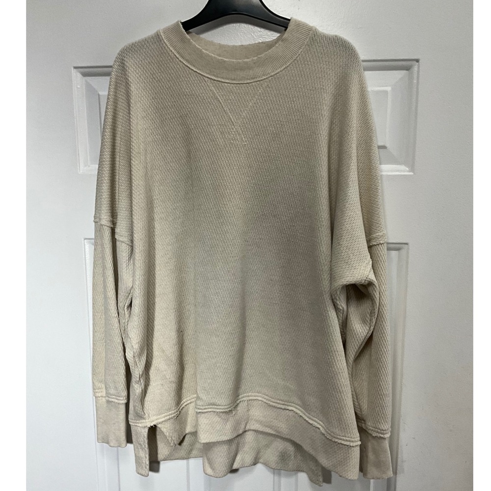 Aerie Oversized Waffle Knit Sweatshirt Cream Oatmeal Crewneck Small Slouchy